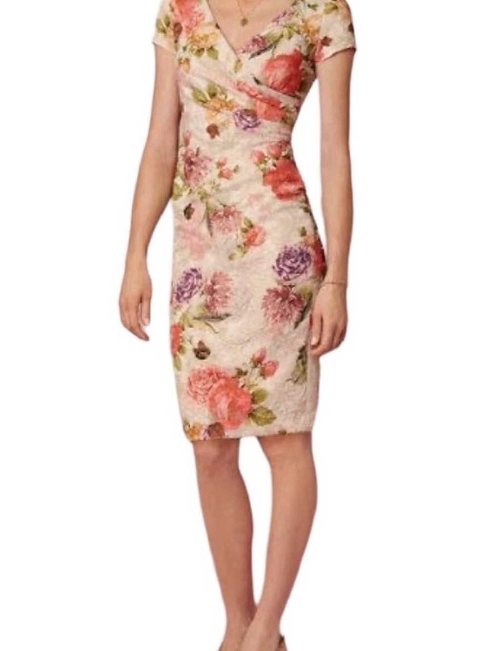 Adrianna Papell Cream Midi Dress with Pink, Coral & Purple Floral Print